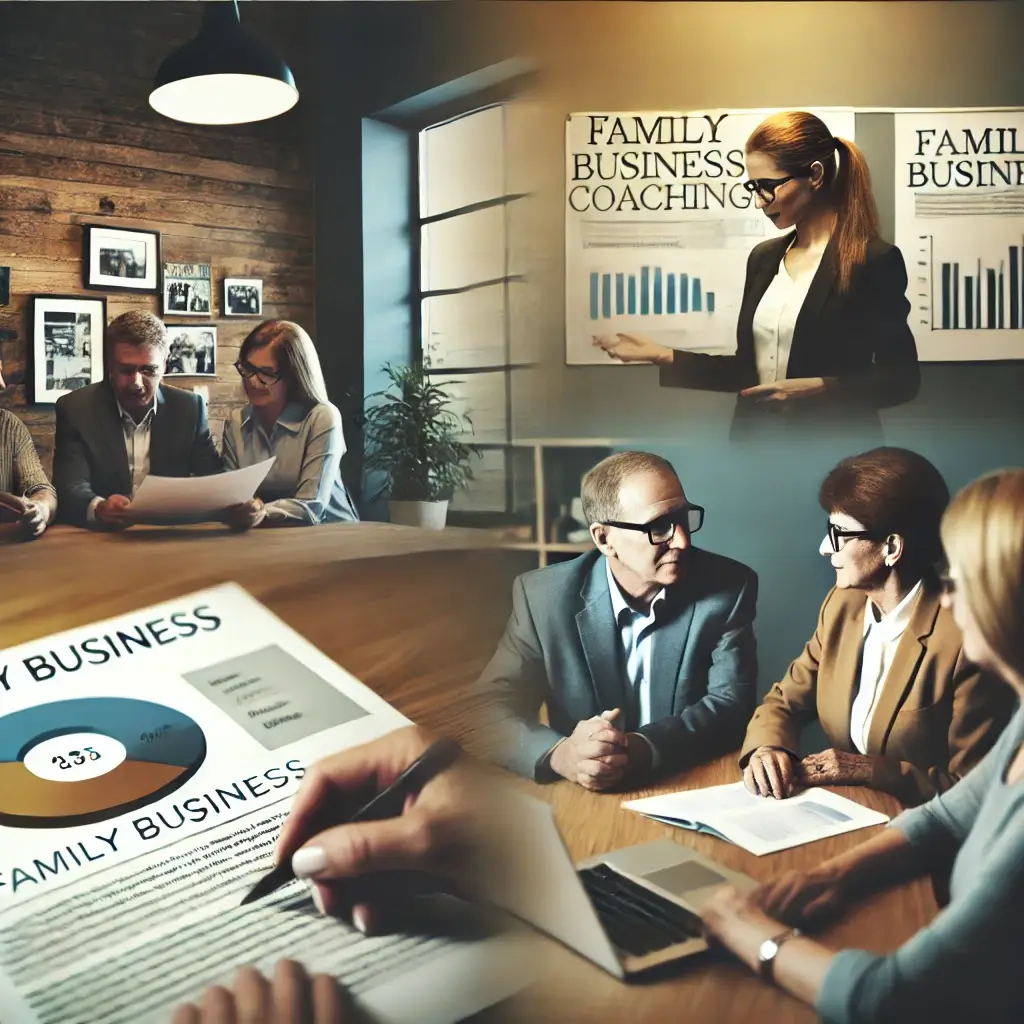 People in a meeting room, guided by a family business coach, discuss strategies with charts and documents.
