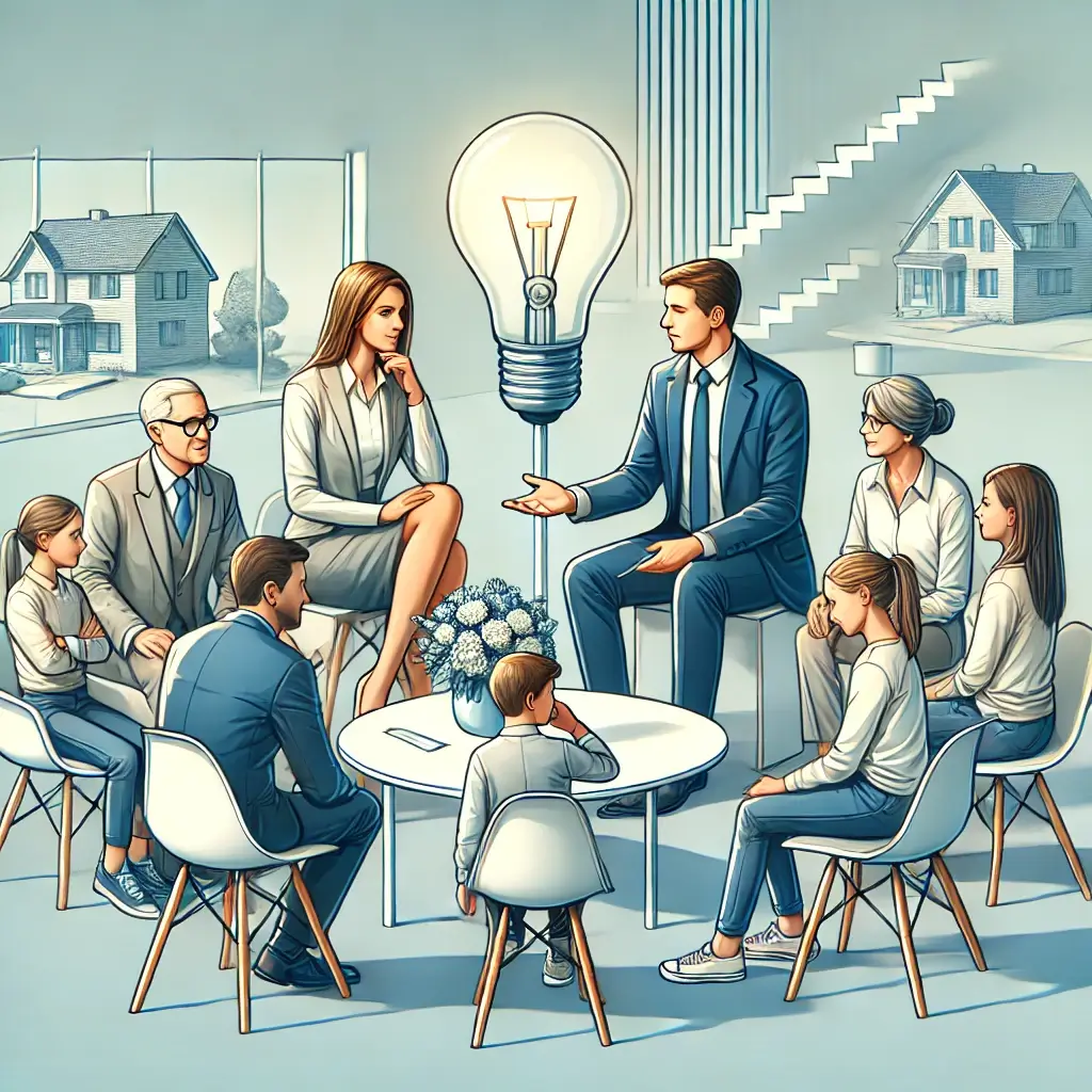 A group of people, guided by a family business coach, sits in a modern room under a large light bulb. Some are on chairs, others on the floor. The background features house images and a staircase, setting the stage for strategic discussions.