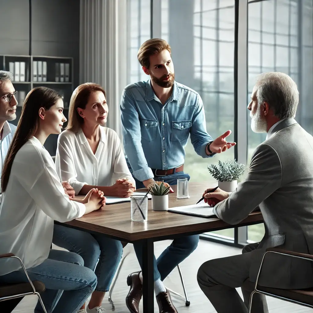 A family business coach leads a group of five in a meeting room, standing in a denim shirt while others sit around the table. Engaged in lively discussion, they are illuminated by natural light streaming through large windows.