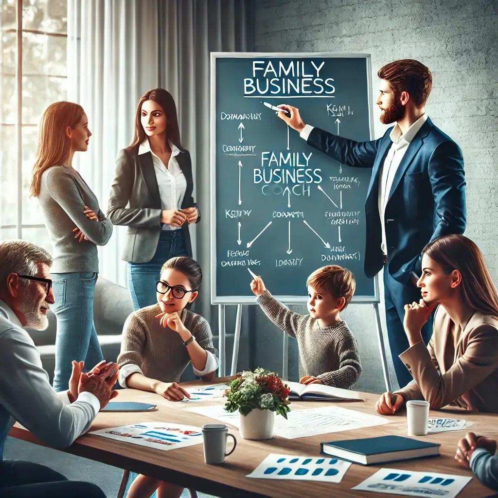 A group of people in a meeting room, guided by a family business coach, discusses strategies around a table and a whiteboard filled with connected terms and diagrams.