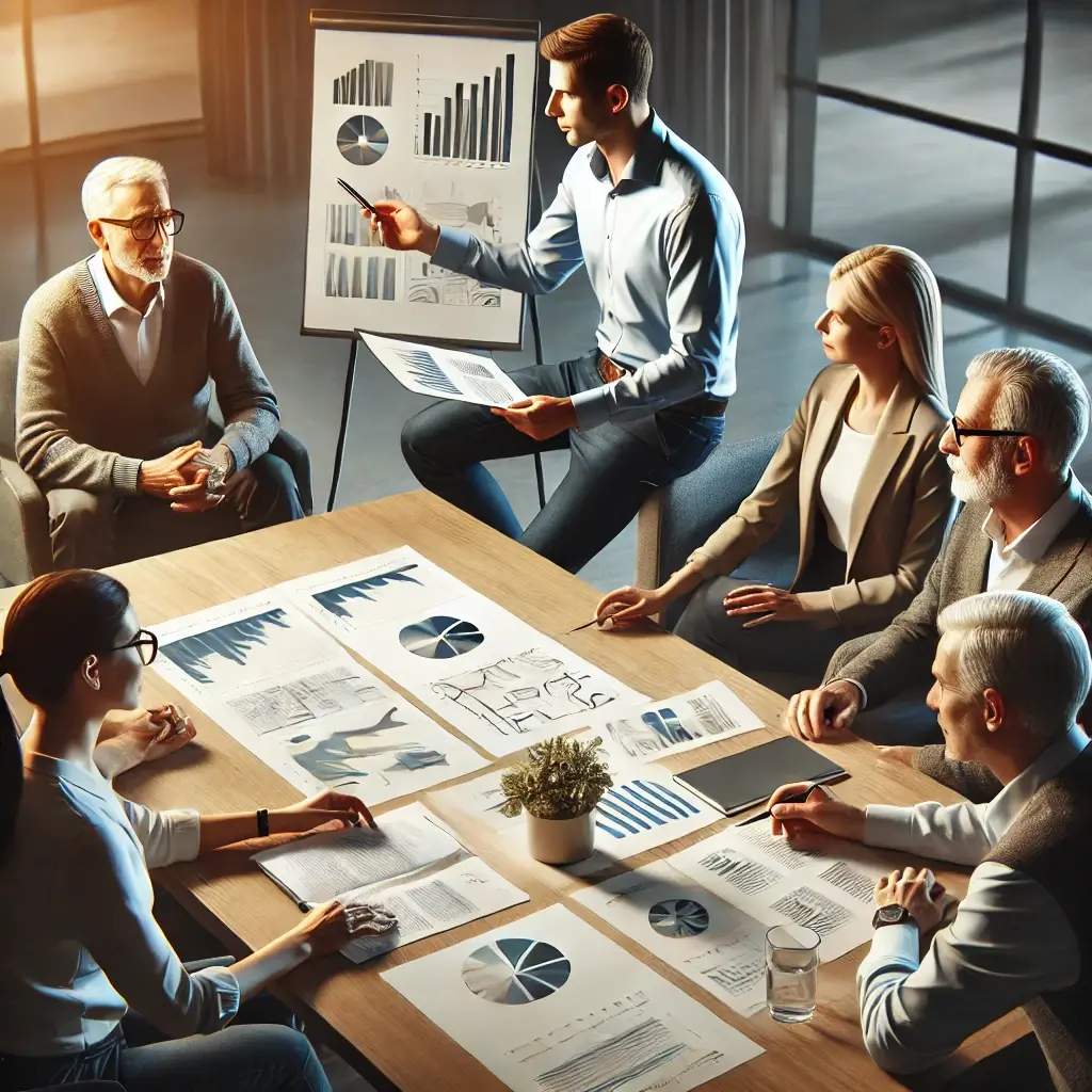 A group of six professionals, including a family business coach, engaged in a business meeting, examining charts and graphs on a wooden table. One person is pointing at a flip chart with graphs. The room is well-lit.