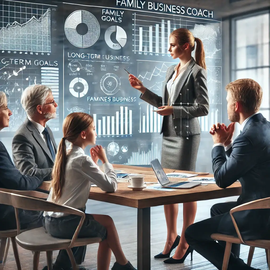 A family business coach presents graphs and charts to a group seated at a table, including two older adults and a child, in a modern, professional setting.
