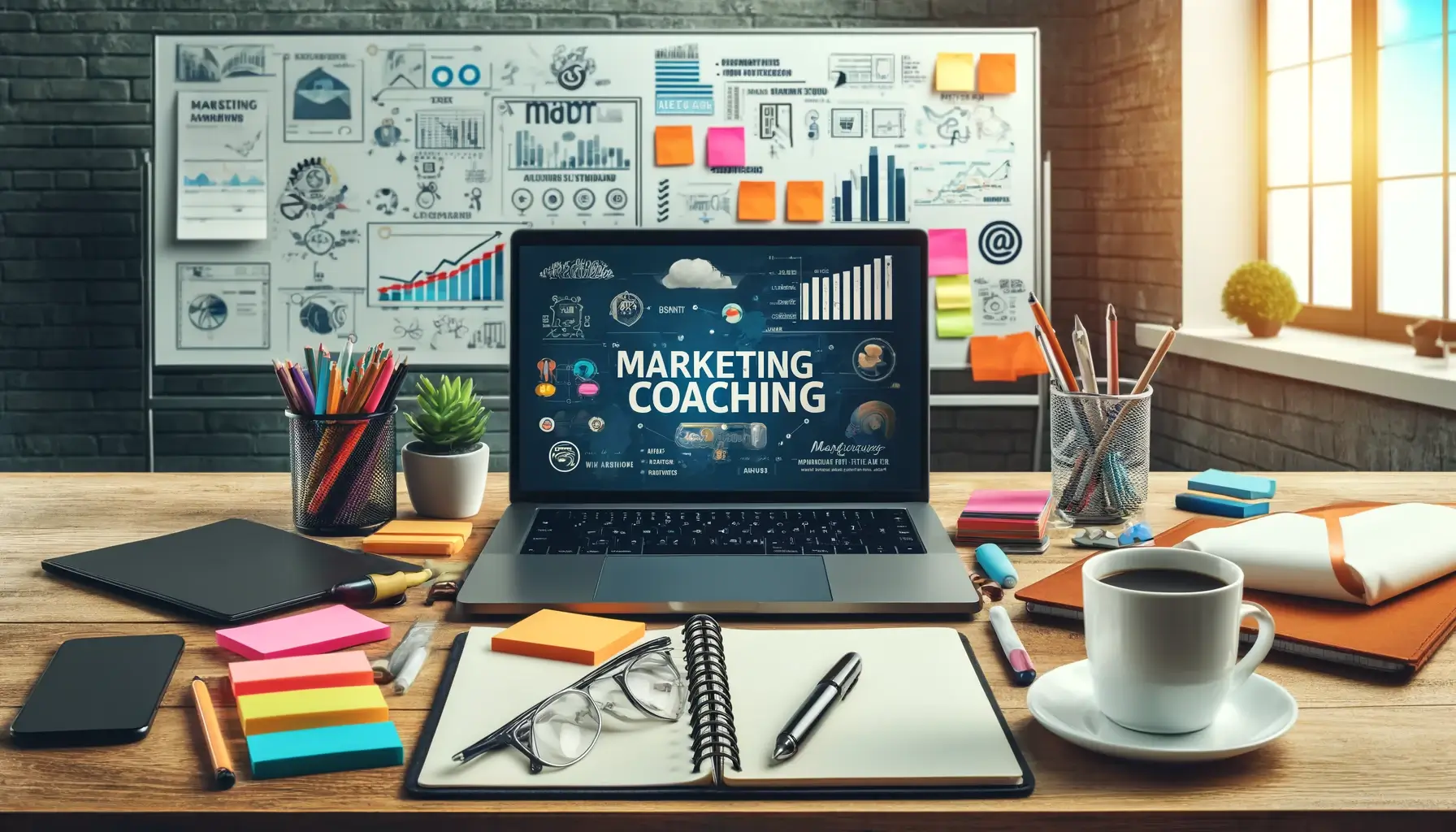 A laptop displaying "Marketing Coaching" is on a cluttered desk with notebooks, sticky notes, stationary, a plant, and coffee cup. Background shows a whiteboard with graphs, charts, and notes.