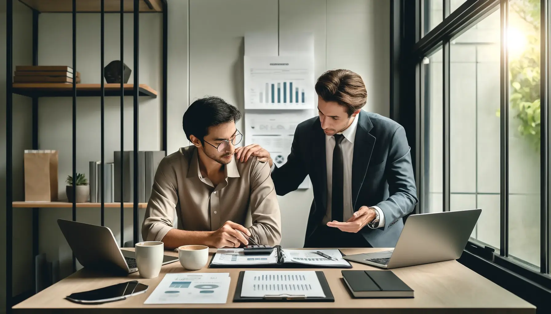 Two men are discussing work at a desk cluttered with documents, graphs, and laptops. One man, standing, gestures towards the other man, who is seated and looking at a tablet. The scene appears to be an intense session of financial coaching.