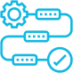 A blue icon showing interconnected gears, lines, and circles, representing a process or workflow concept on a transparent background.