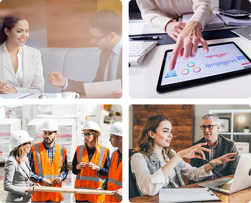 A collage of four business scenes: two people in a meeting, hands using a tablet with graphs, construction workers in safety vests, and two people discussing at a desk with a laptop.