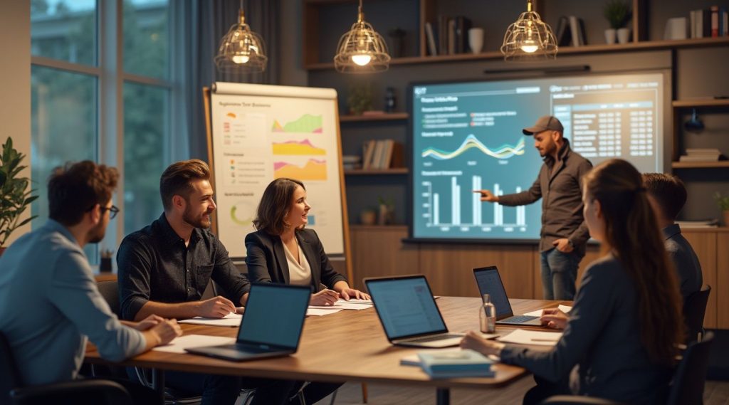 A man leads a group business coaching session, presenting data to five colleagues in a conference room. Several laptops are on the table, while charts are displayed on a screen and a flip chart.