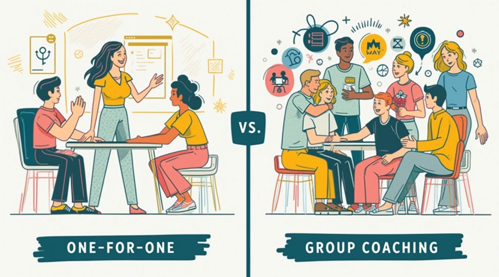 Illustration comparing one-on-one coaching on the left with group business coaching on the right, featuring diverse people engaged in discussion in both settings.