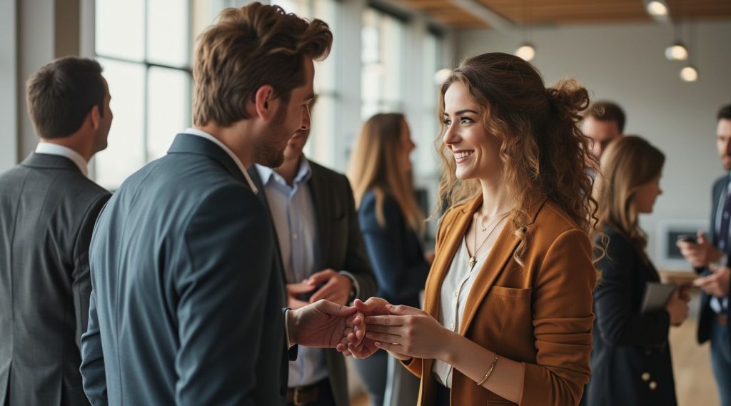 A group of people in business attire are engaged in conversation at an office gathering, resembling a dynamic session on group business coaching. Two individuals in the foreground are warmly shaking hands.