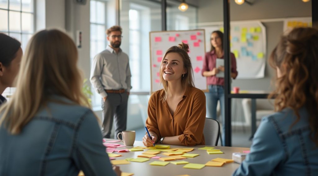 People in a meeting room engage in group business coaching, discussing ideas around a table covered with sticky notes. A woman in a brown shirt smiles while holding a pen, contributing to the collaborative spirit. Whiteboards with sticky notes are visible in the background.