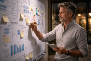 Man holding a tablet writes on a whiteboard covered with diagrams, charts, and sticky notes in an office setting.