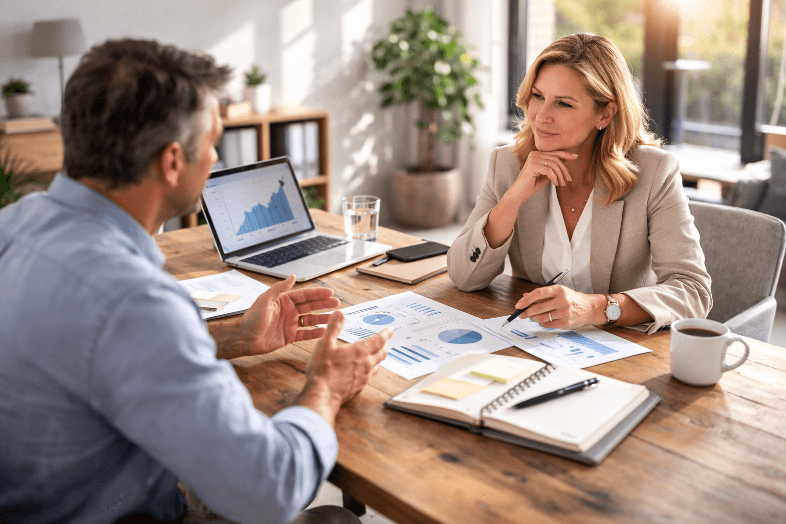 Two business professionals sit at a wooden desk discussing charts and graphs, with a laptop, documents, notebook, and coffee cup visible.