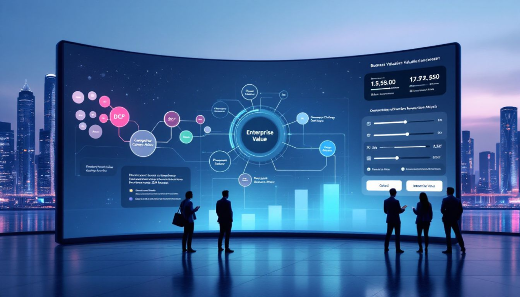 People stand before a large screen displaying graphs and data charts about enterprise value, set against a cityscape backdrop, as they use the value of my business calculator to gain insights.