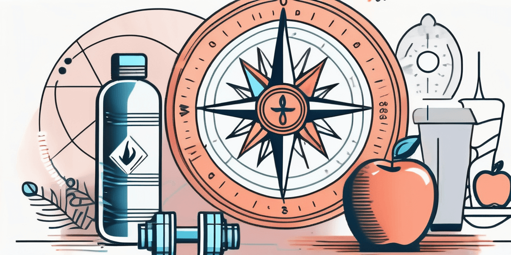 Illustration of a compass, water bottle, dumbbells, and apple, symbolizing health business coach themes, in a colorful, flat design style.