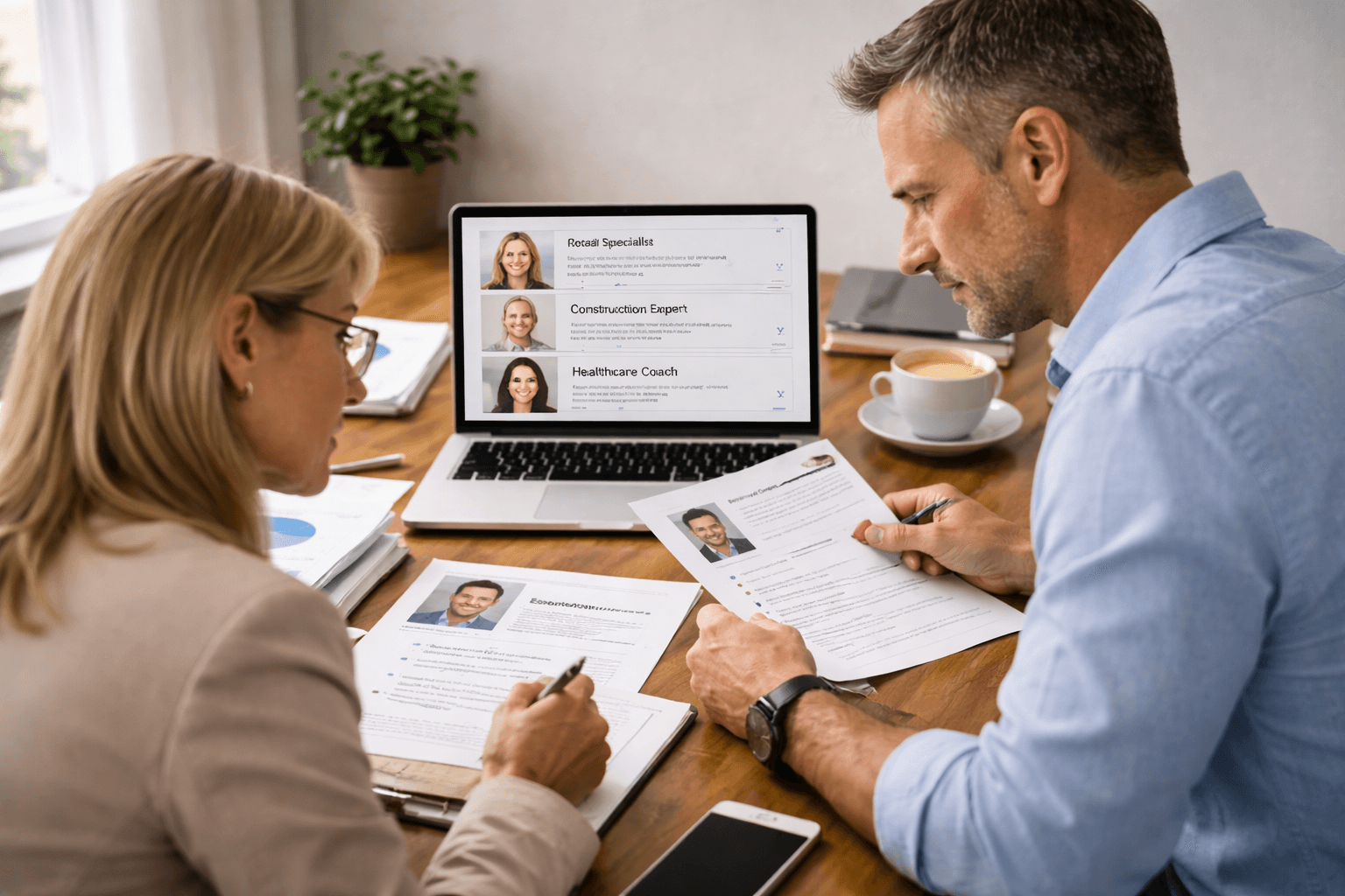 Two professionals review resumes at a desk with a laptop displaying profiles of specialists. Papers, a notebook, glasses, and coffee cups are also on the table.