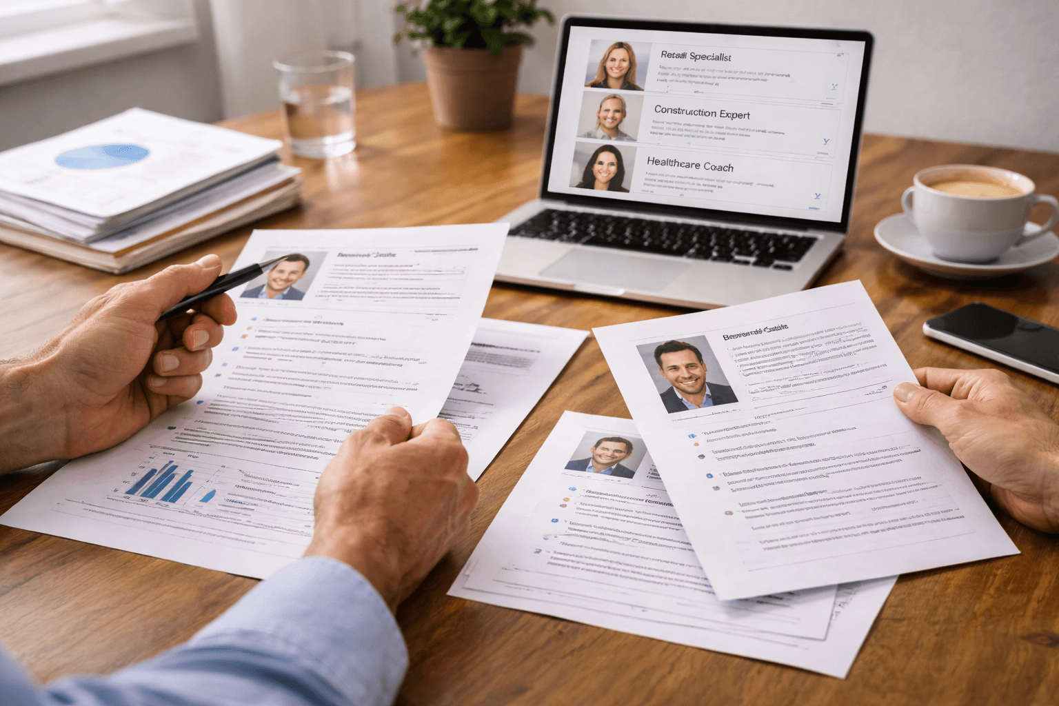 Two people review printed resumes at a desk with a laptop displaying profiles of job candidates. Documents, a notebook, and a coffee cup are also on the desk.