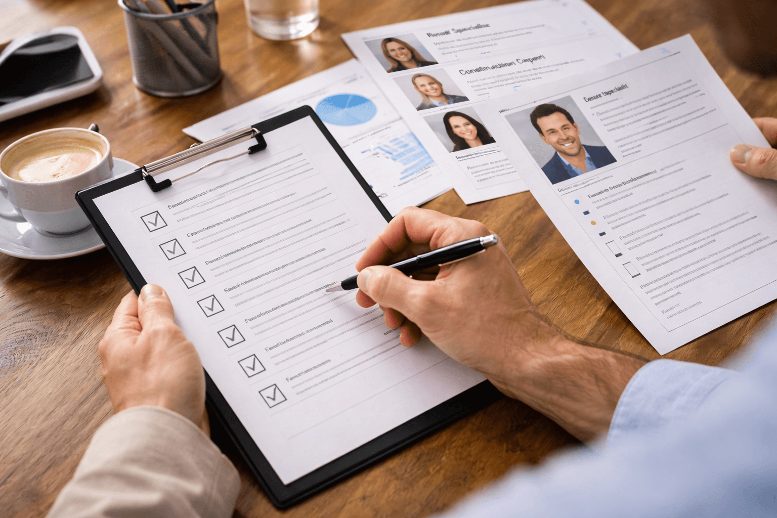 Person filling out a checklist on a clipboard at a desk with resumes, a cup of coffee, and graphs visible in the background.