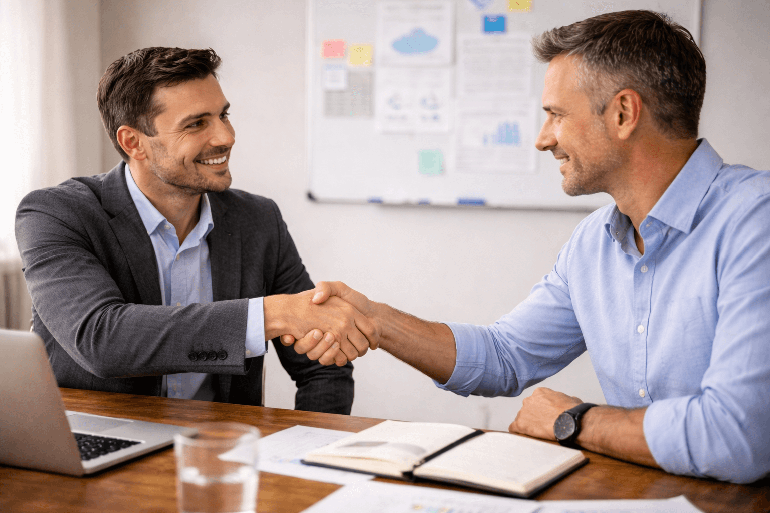 Two men in business attire are sitting at a desk, smiling and shaking hands, with documents and a laptop in front of them and charts on a whiteboard in the background.