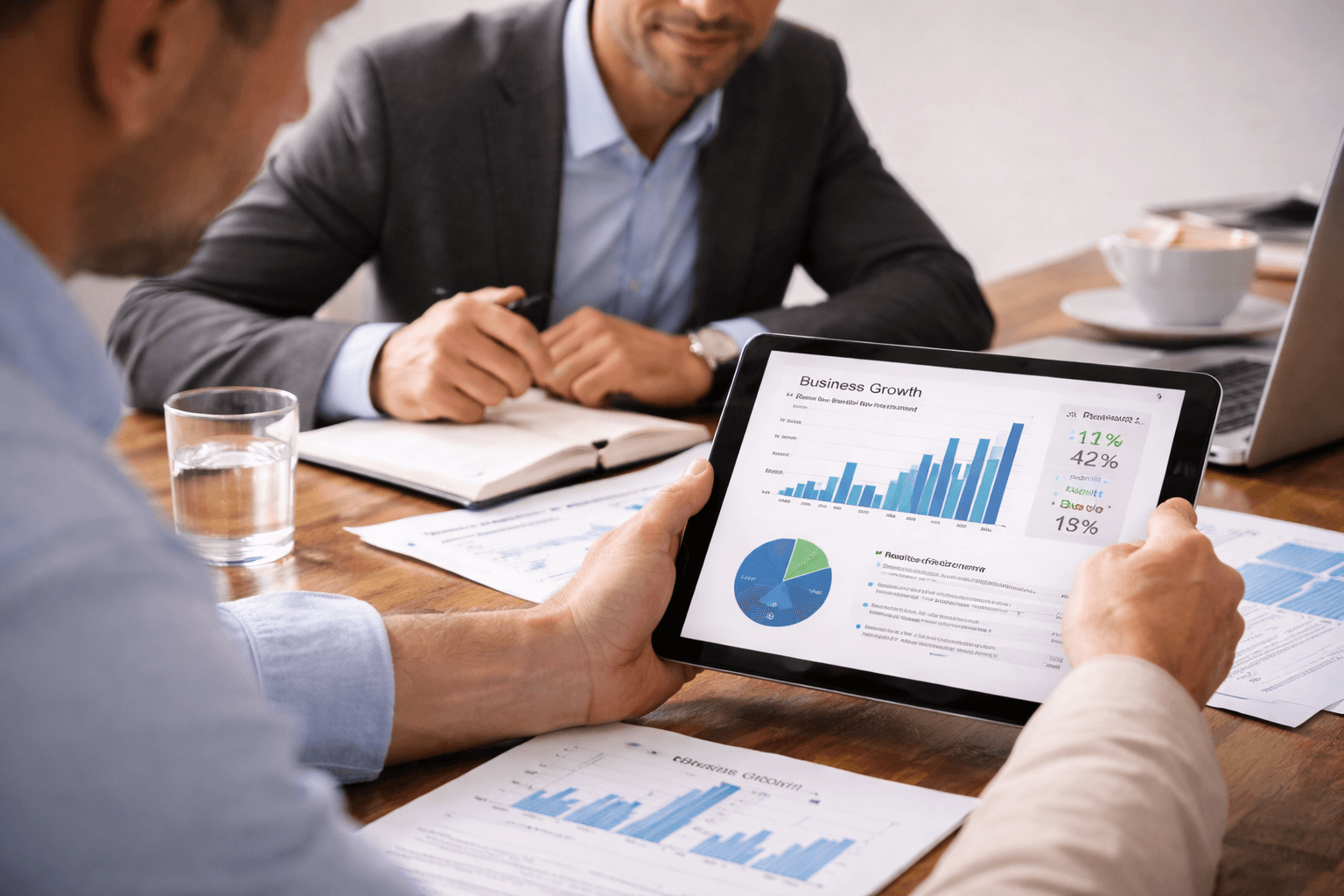 Two men in business attire sit at a table with documents while one holds a tablet displaying charts and graphs showing business growth data.