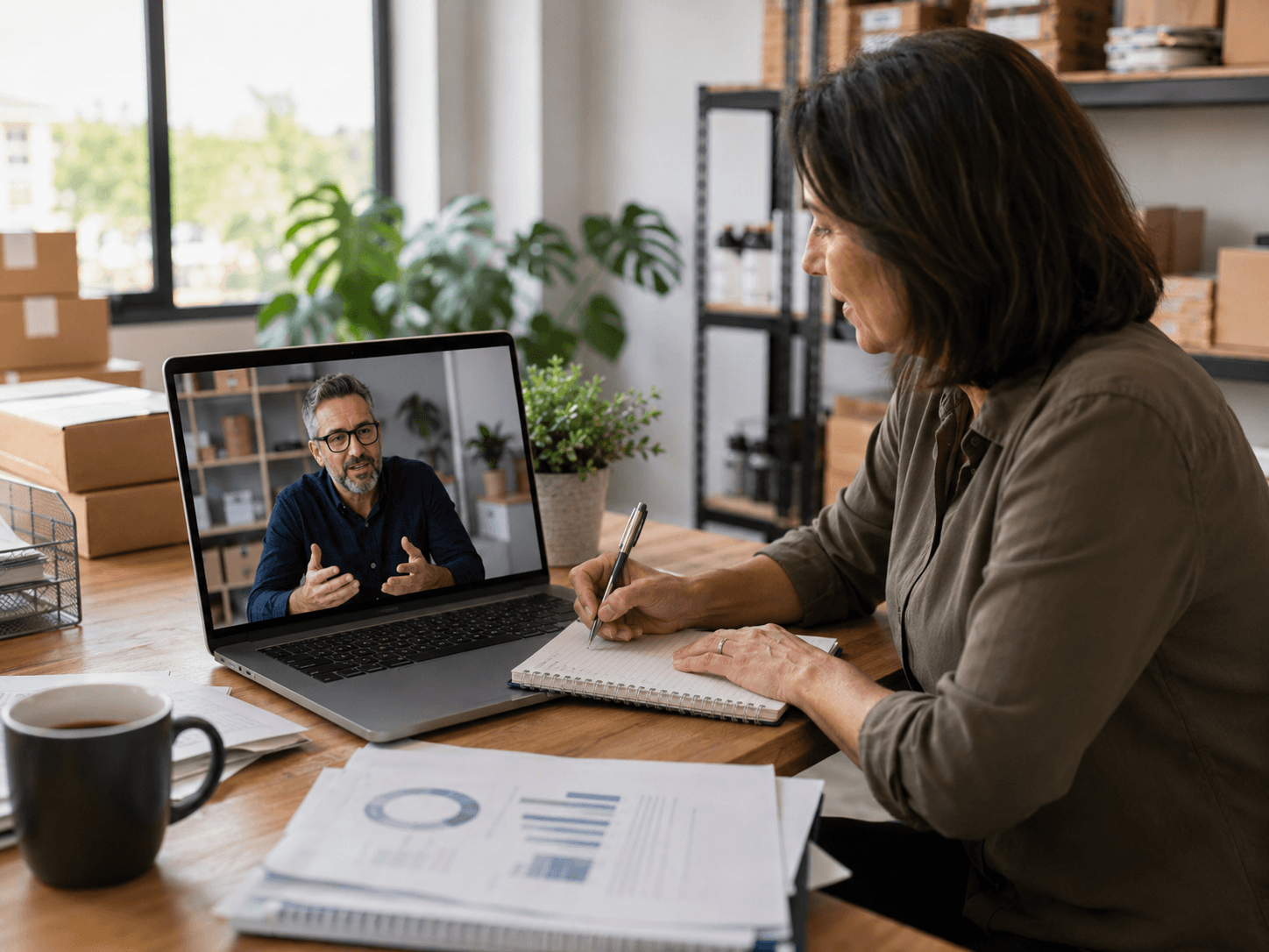 A woman sits at a desk taking notes in a notebook while having a video call with a man shown on her laptop screen.