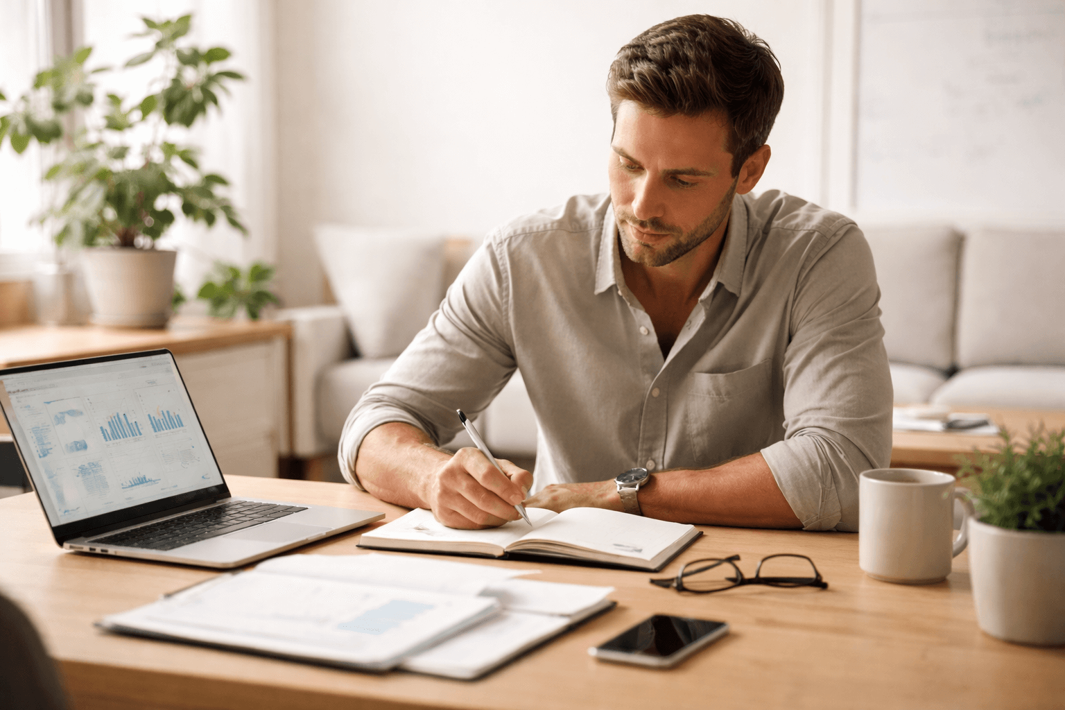 Man sits at a desk writing in a notebook, with a laptop displaying charts, documents, a smartphone, and a mug nearby in a well-lit home office.