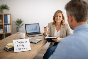 A woman holding a pen and clipboard talks to a man in an office. A sign on the desk reads "Confidence, Clarity, Resilience" next to a laptop showing a graph.