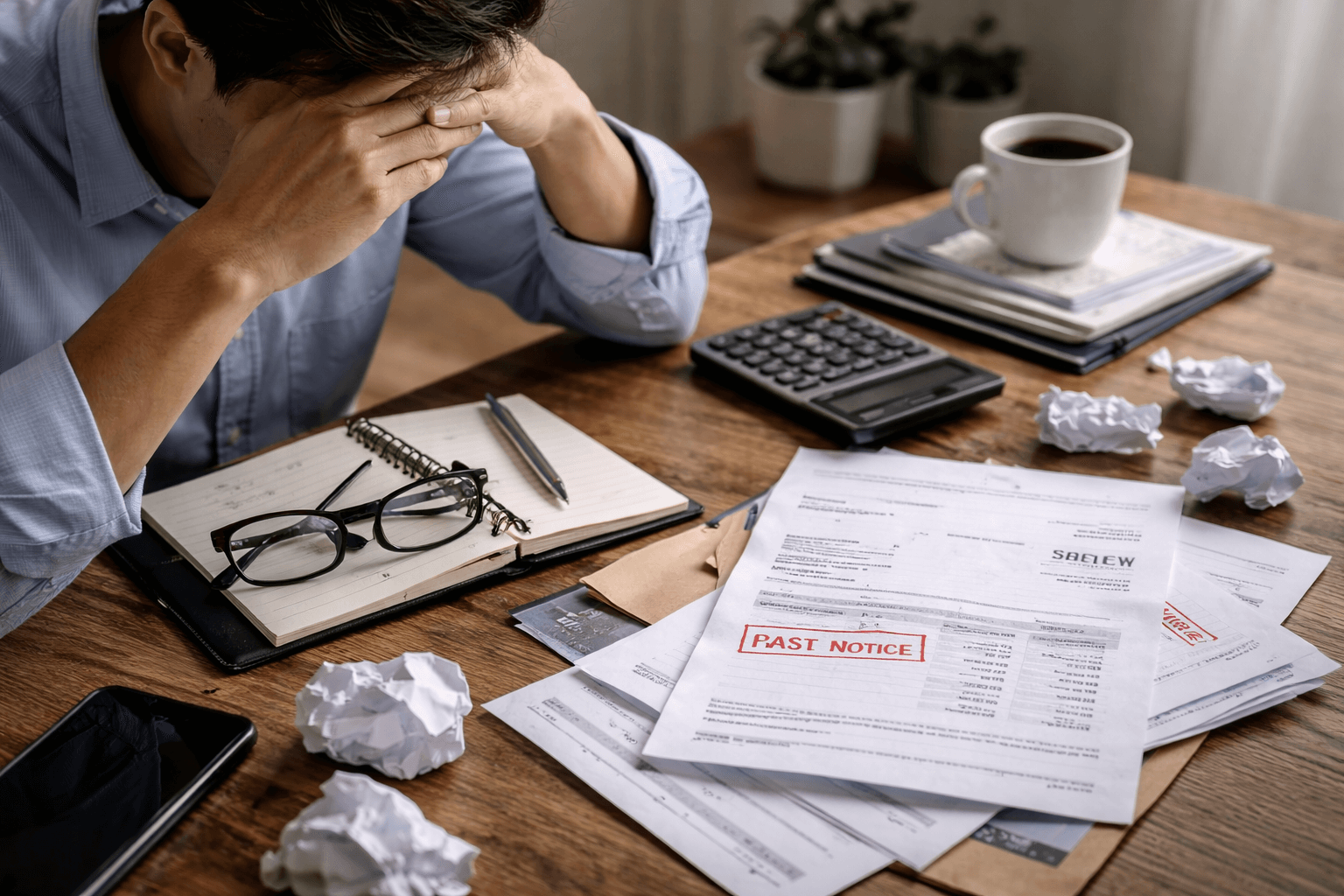 A person sits at a desk with their head in their hands, surrounded by bills marked "PAST DUE," a calculator, glasses, notebooks, and crumpled papers.