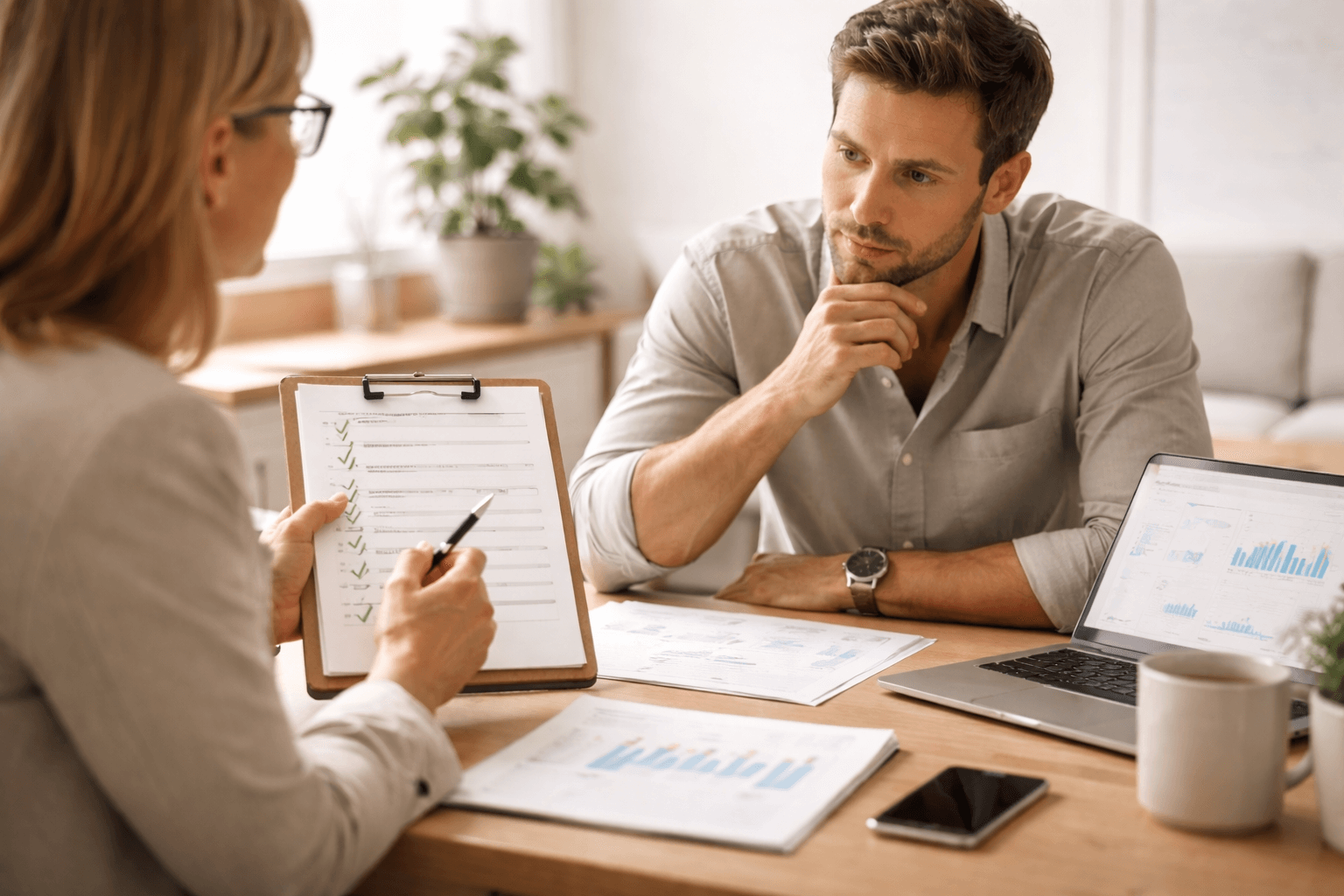 Two people sit at a desk discussing documents; one holds a checklist clipboard, the other listens attentively. Laptops and papers with charts are on the table.