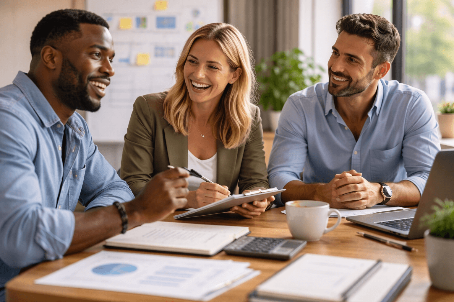 Three people sit at a table with documents, a laptop, and coffee, engaged in a business meeting and conversation in a bright office setting.
