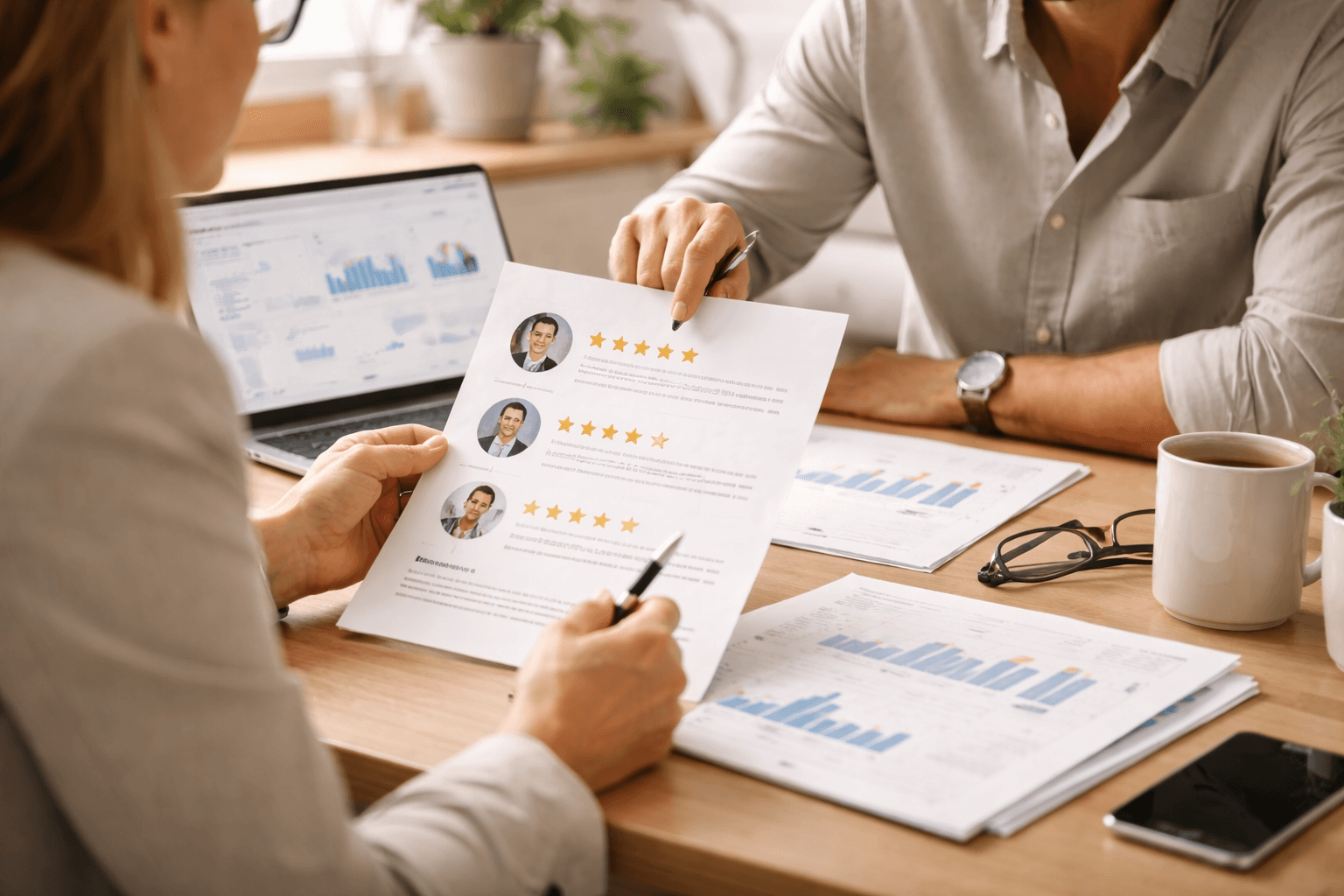 Two people sit at a desk reviewing printed performance evaluations with star ratings and profile photos, alongside charts, graphs, and a laptop.