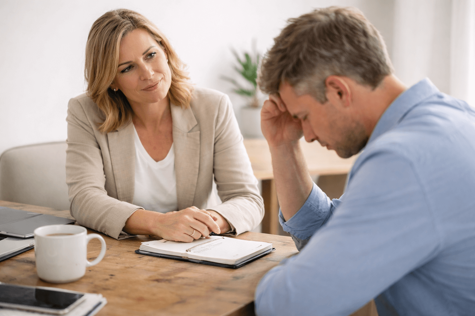 A woman sits at a table with a notebook, listening to a man who appears stressed with his head in his hand.