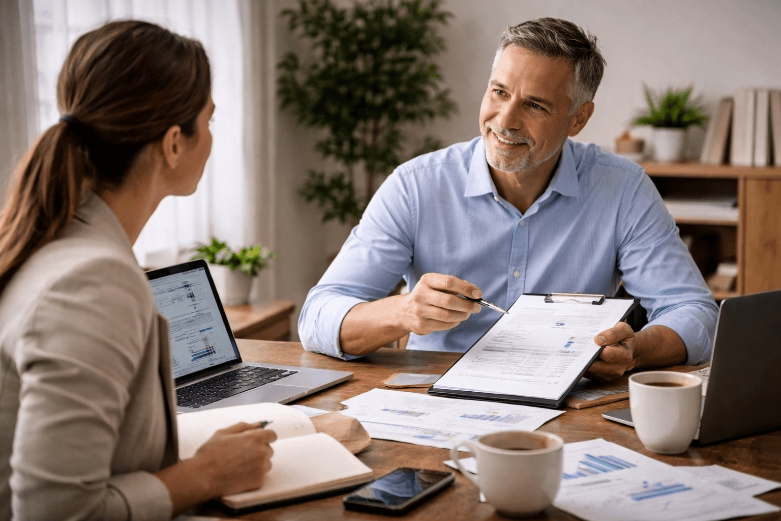 Two professionals are discussing charts and graphs at a desk with laptops, papers, and coffee cups, during a business meeting in a well-lit office.