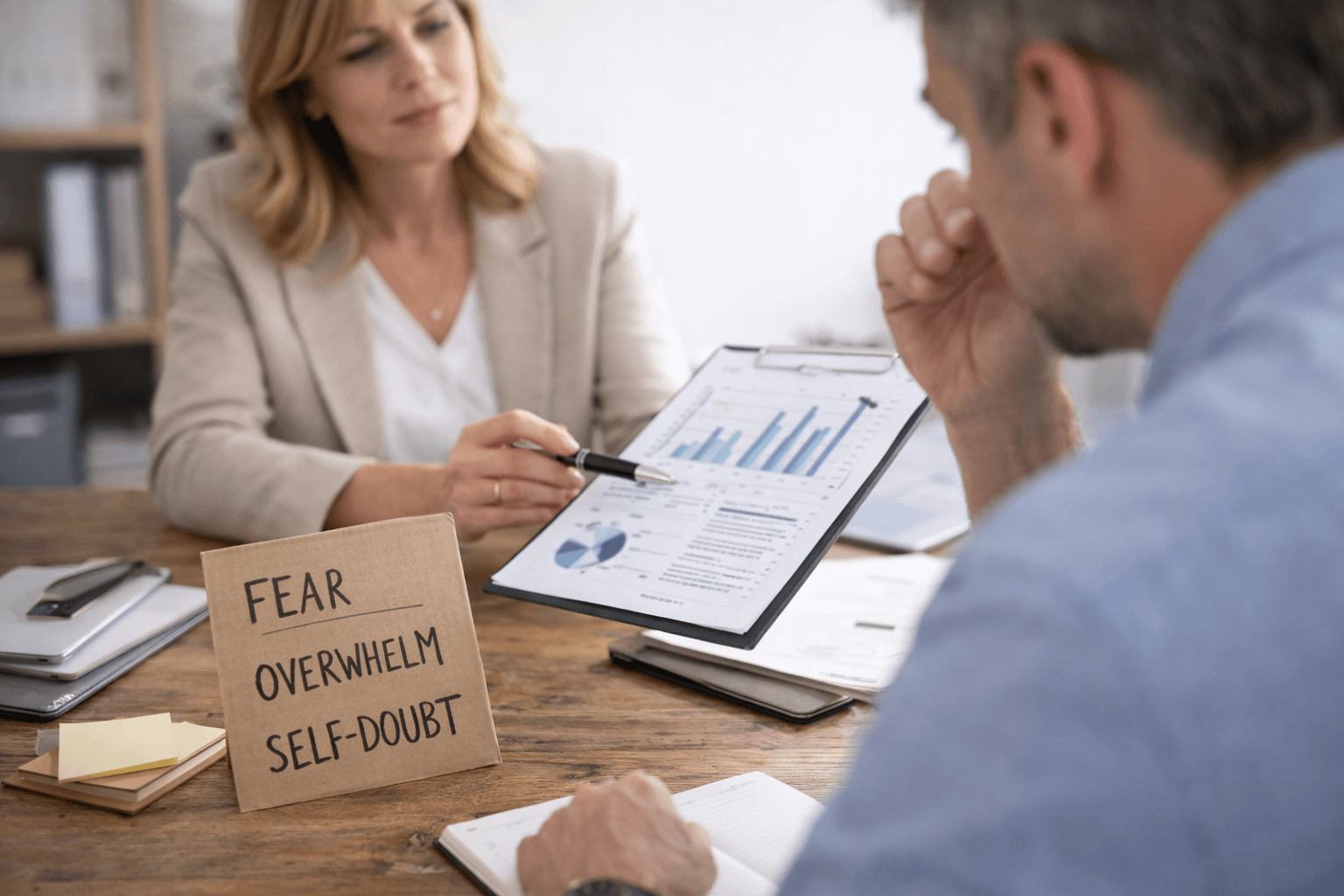 Two people sit at a desk discussing a chart; a sign on the table reads "FEAR OVERWHELM SELF-DOUBT.