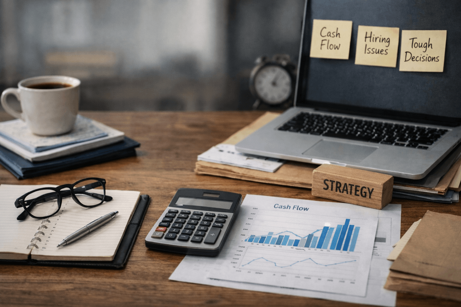 Desk with a laptop displaying notes labeled “Cash Flow,” “Hiring Issues,” and “Tough Decisions,” alongside financial charts, calculator, notebook, glasses, and a coffee cup.