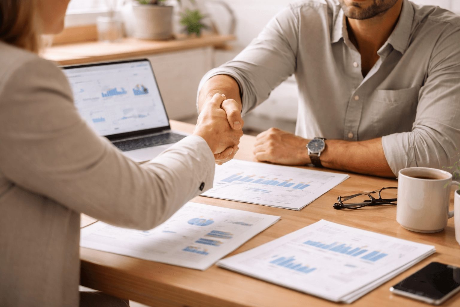 Two people shake hands over a desk covered with financial charts, documents, a laptop, and a coffee mug, suggesting a business agreement or meeting.