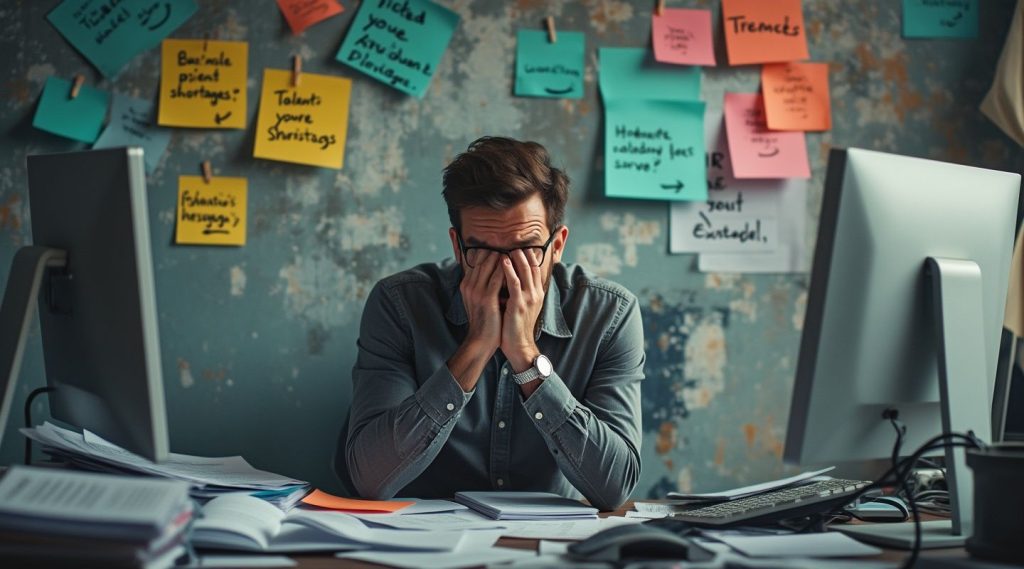 A person sits at a cluttered desk, holding their face in frustration, surrounded by sticky notes and two computer monitors. An IT business coach could help transform this chaos into clarity, guiding them toward solutions and streamlined productivity.