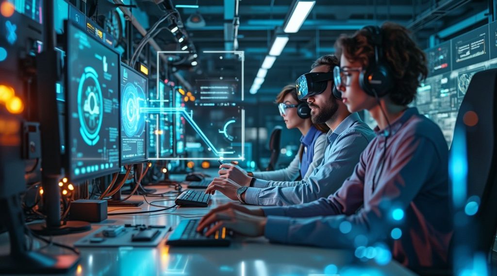 Three people at a desk using computers and wearing headsets, embodying an IT business coach's environment. One person is using VR goggles, enhancing their experience. The room boasts multiple monitors and a high-tech ambiance, creating the perfect space for digital innovation.