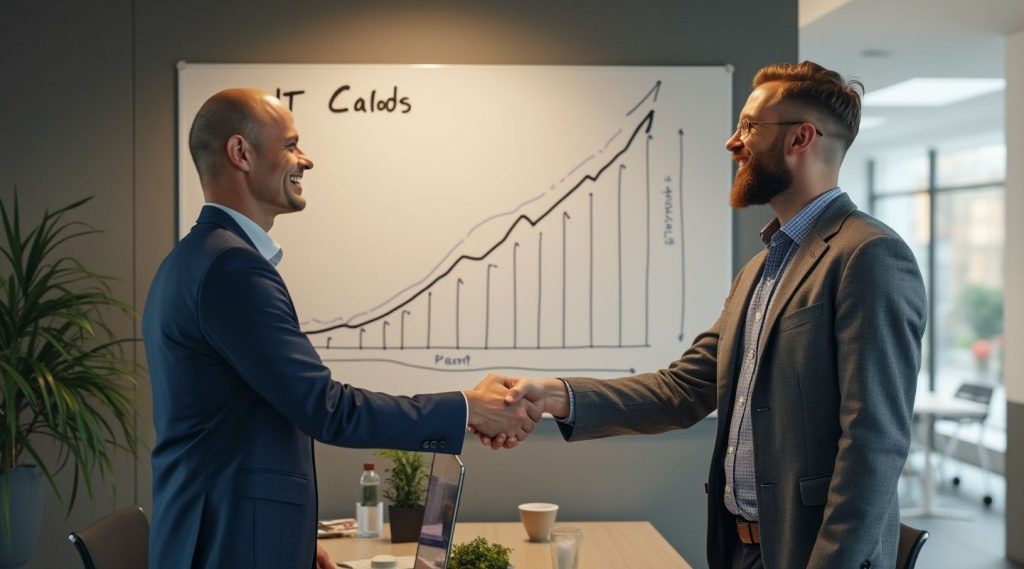 Two men in suits shake hands in an office, standing in front of a whiteboard with a rising graph, reflecting the strategic insights of their IT business coach.