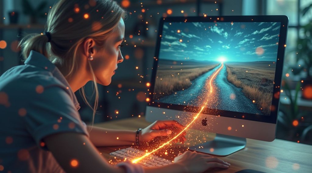 A woman at a computer, embodying the role of an IT business coach, observes a digital pathway extending into a horizon, with glowing elements surrounding her setup.