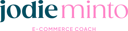 Logo with the text "jodie minto" in teal and pink, and "E-COMMERCE COACH" in pink uppercase letters below, highlighting her role as a trusted ecommerce business coach in Sydney.
