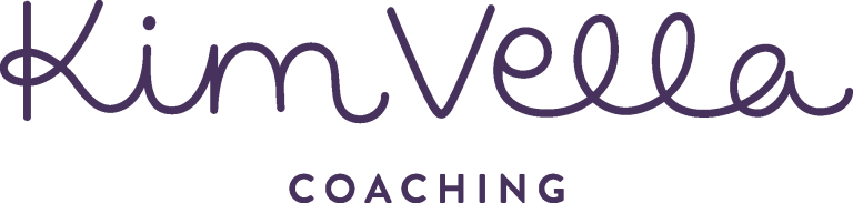 Logo with the words "Kim Vella" in cursive script above the word "Coaching" in uppercase letters, all in dark purple.