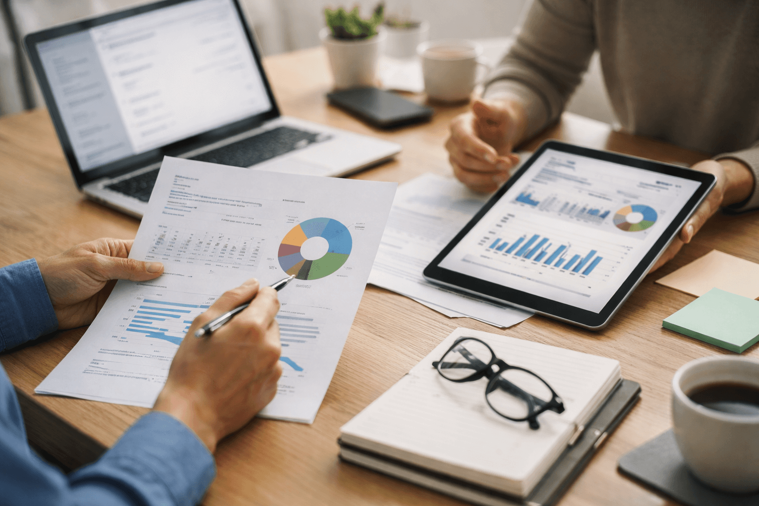 Two people review printed charts and graphs at a desk with a laptop, tablet, notepad, and documents during a business meeting.
