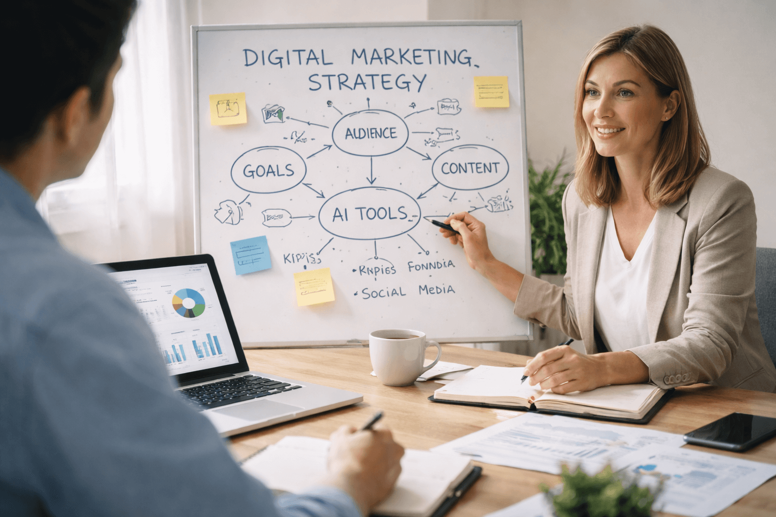 Two people discuss digital marketing strategy at a desk with charts, a laptop, and a whiteboard showing goals, content, audience, and AI tools.