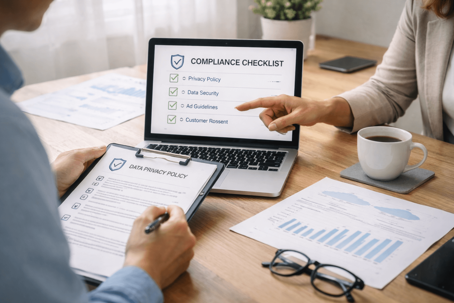 Two people review data privacy policies at a desk with laptops, charts, and coffee; a laptop screen displays a compliance checklist with items checked off.