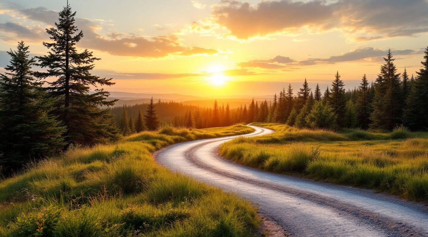 A winding path through a forest leads toward the sunset, with trees lining both sides and a bright, colorful sky—a scene as invigorating as insights from a life coach in Australia.