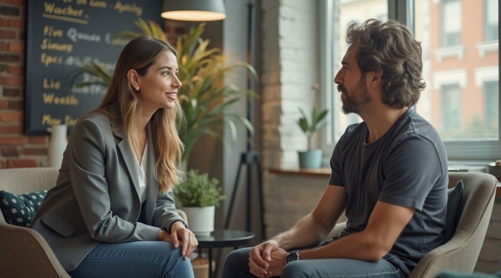 In a cozy room with plants and a window, a life coach in Australia chats with her client. The woman in a blazer sits on the left, while the man in a t-shirt relaxes on the right. A menu board adds charm to their inspiring conversation.