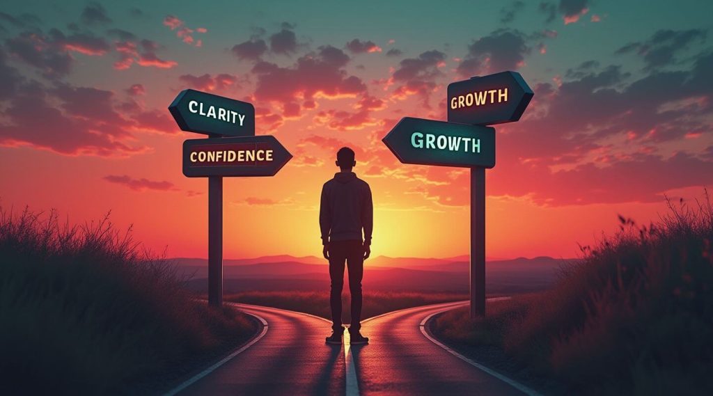 As the sun sets, a person stands at a crossroads marked "Clarity," "Confidence," and "Growth." Like a life coach in Australia, this moment guides them towards new horizons.