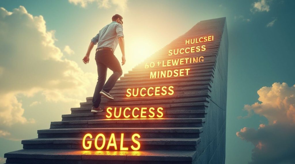A man climbs stairs labeled "Goals," "Success," and "Mindset" in glowing letters, symbolizing progress and achievement against a sky backdrop, reminiscent of a life coach in Australia guiding you towards personal growth.