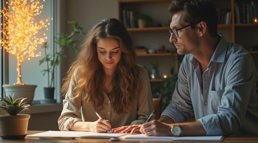 A woman and a man are writing at a table, surrounded by plants and the calming glow of a lit decorative tree, embodying the peaceful ambiance often found with a life coach in Australia.