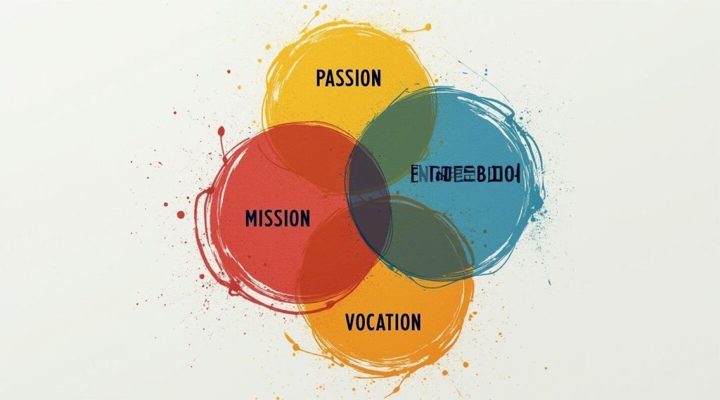 A Venn diagram with overlapping circles, labeled Passion, Mission, and Vocation, intersecting at "Profession," "Passion," and "Vocation," centers around "Ikigai." Background splashes in circle colors. Perfect for a life coach in Australia seeking to inspire clients on their journey.